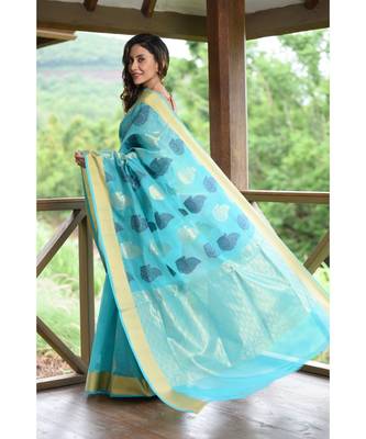 Blue Shade Banarasi Chanderi Silk Handwoven saree with blouse 3