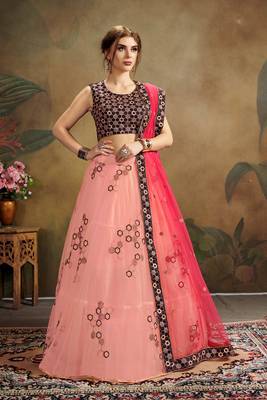 Pink Embroidered Net Semi Stitched Lehenga Choli 1