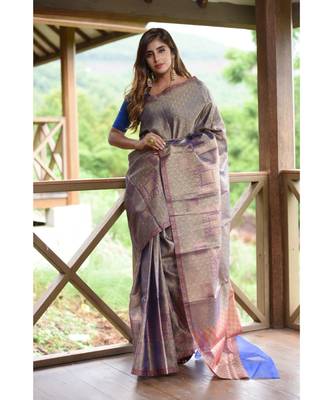 Blue Shade Banarasi Organza Handwoven saree with blouse 1