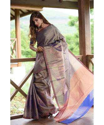 Blue Shade Banarasi Organza Handwoven saree with blouse 3