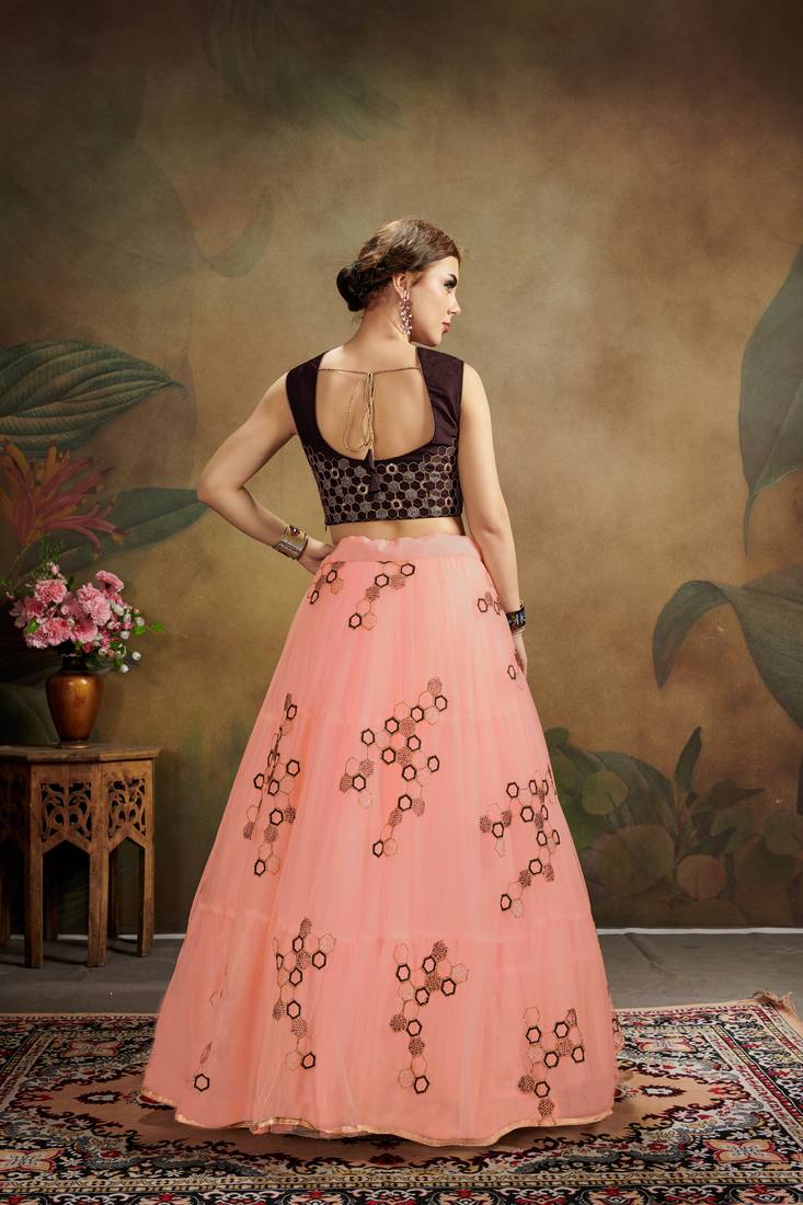 Pink Embroidered Net Semi Stitched Lehenga Choli