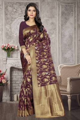 Burgundy Woven Kanchipuram Silk Saree With Blouse 1