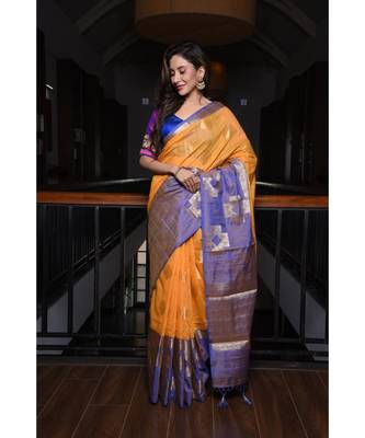 Yellow Shade Banarasi Tussar Silk Handwoven saree with blouse 1