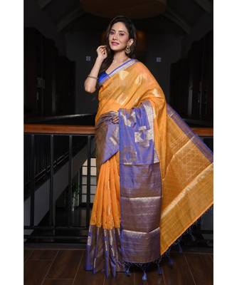 Yellow Shade Banarasi Tussar Silk Handwoven saree with blouse 2