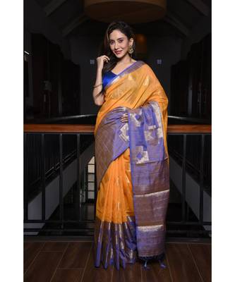 Yellow Shade Banarasi Tussar Silk Handwoven saree with blouse 3
