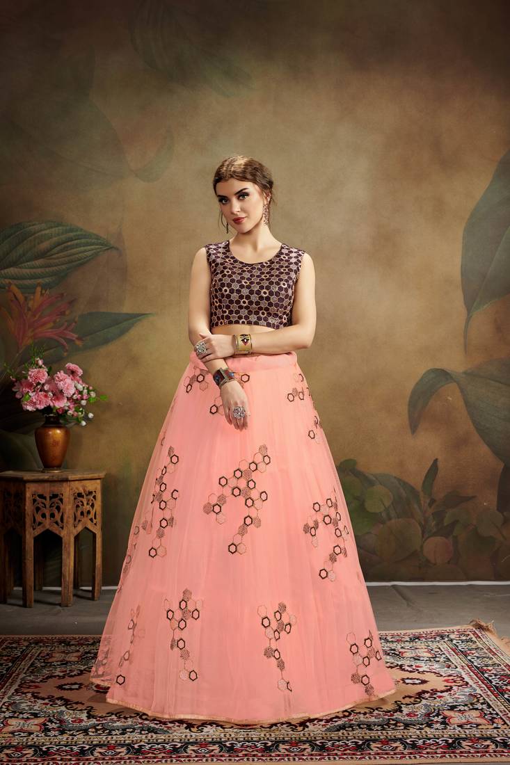 Pink Embroidered Net Semi Stitched Lehenga Choli