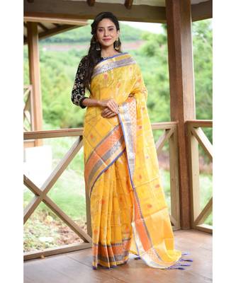 Yellow Shade Banarasi Tussar Silk Handwoven saree with blouse 1
