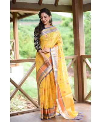 Yellow Shade Banarasi Tussar Silk Handwoven saree with blouse 2