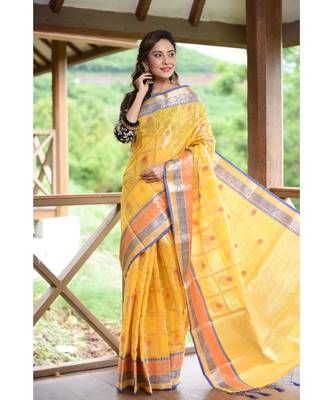 Yellow Shade Banarasi Tussar Silk Handwoven saree with blouse 3
