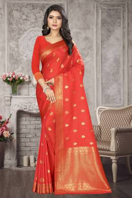 Peach Woven Kanchipuram Silk Saree With Blouse 1
