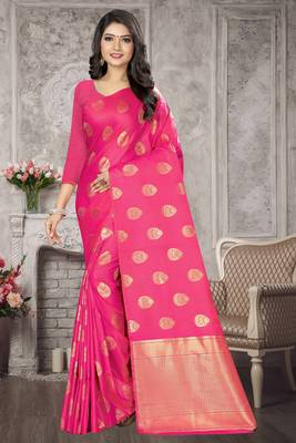 Pink Woven Kanchipuram Silk Saree With Blouse 1