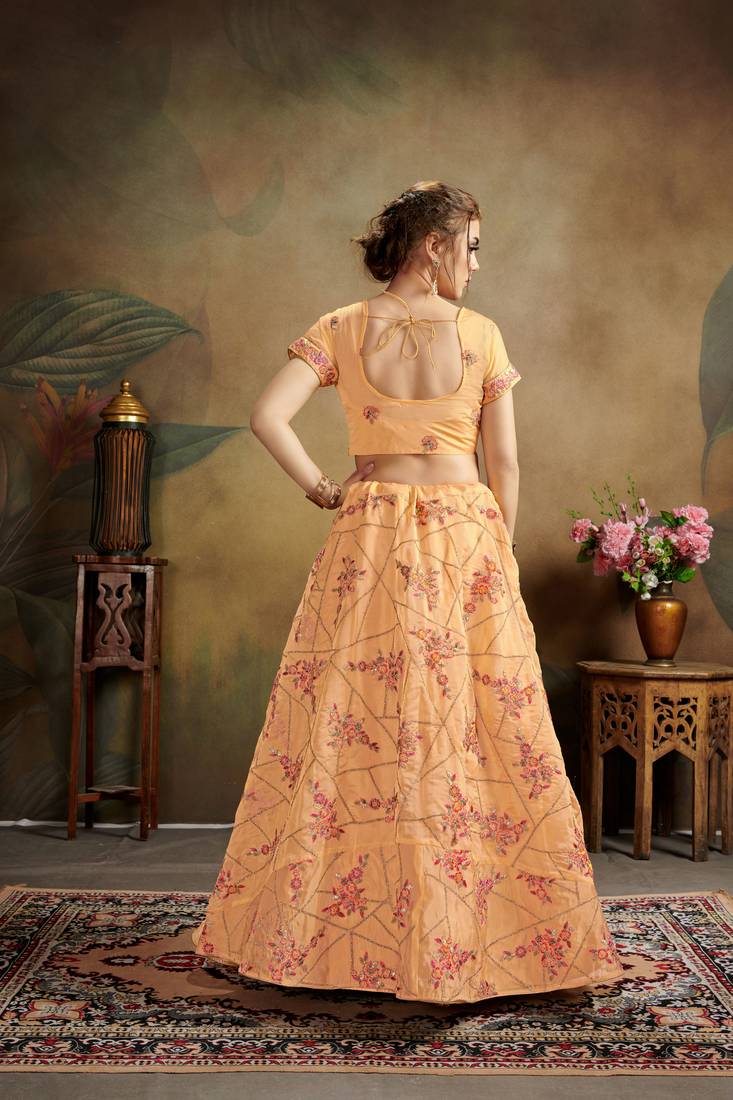 Peach Embroidered Organza Semi Stitched Lehenga Choli