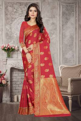 Pink Woven Kanchipuram Silk Saree With Blouse 1