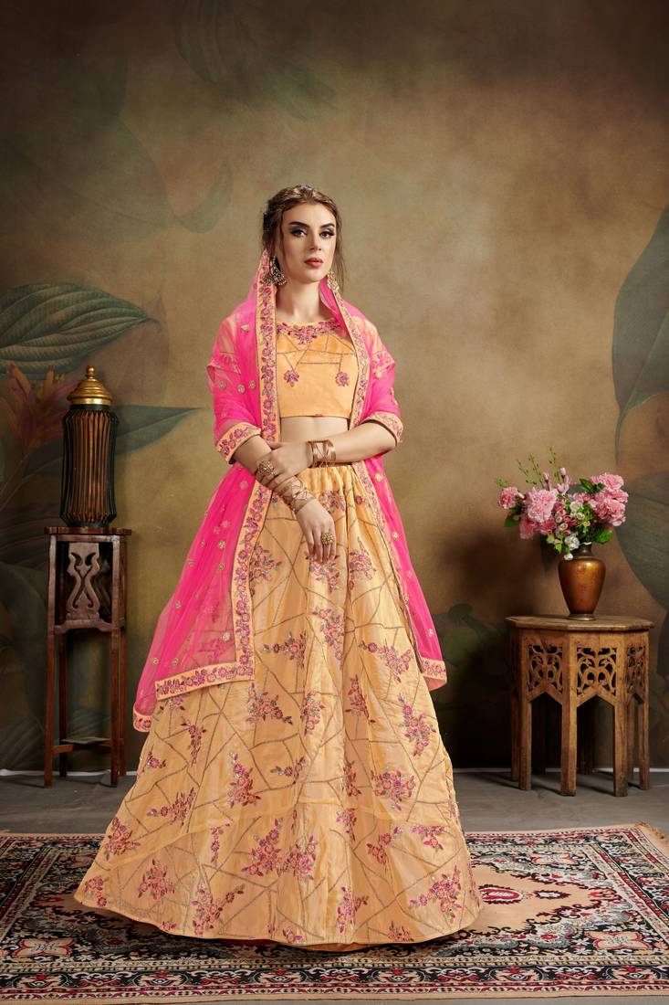 Peach Embroidered Organza Semi Stitched Lehenga Choli
