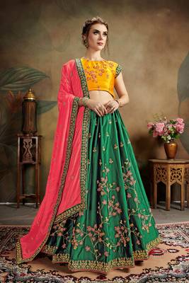 Green Embroidered Satin Semi Stitched Lehenga Choli 1