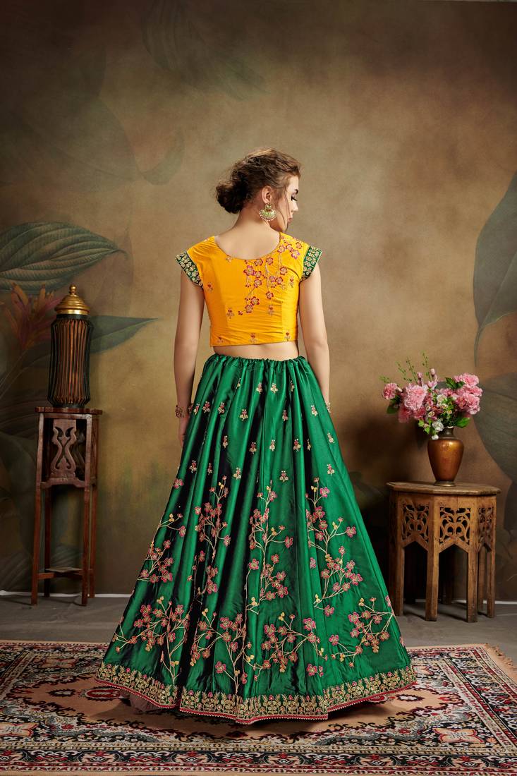 Green Embroidered Satin Semi Stitched Lehenga Choli