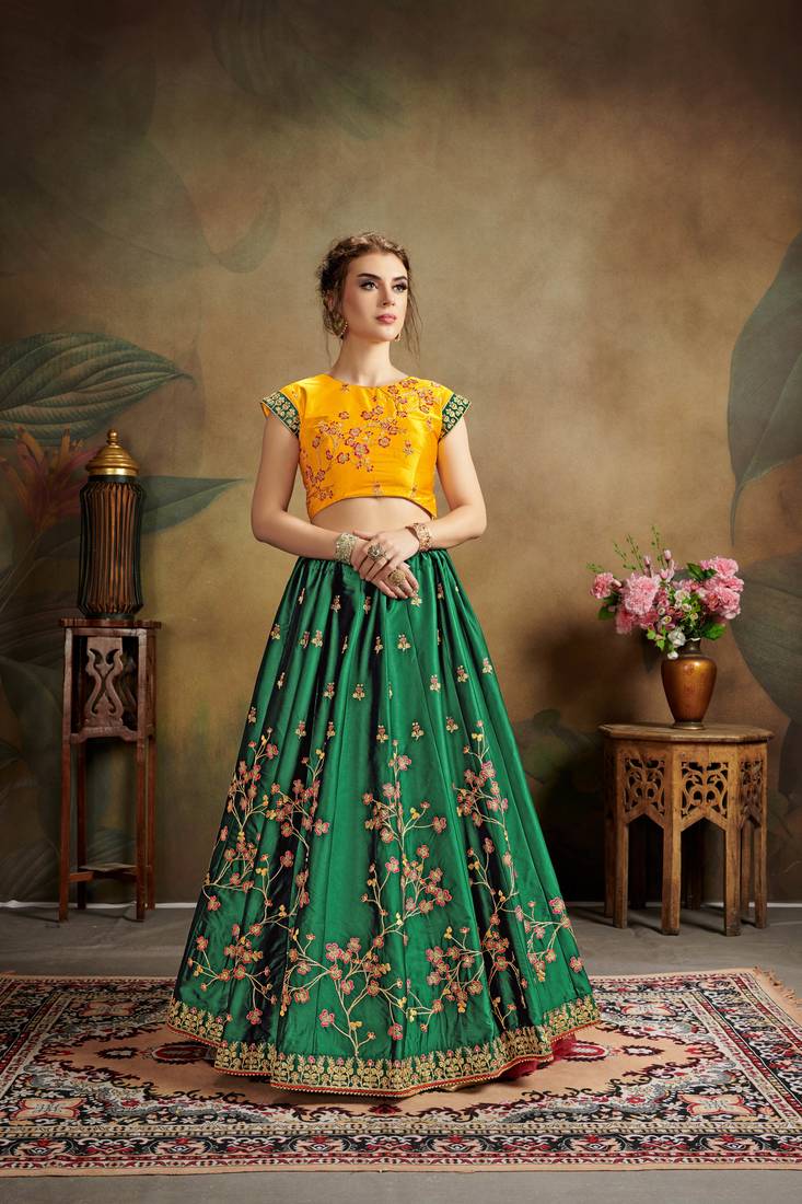 Green Embroidered Satin Semi Stitched Lehenga Choli