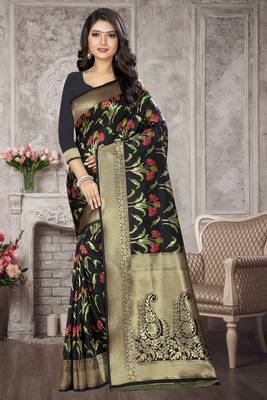 Black Woven Kanchipuram Silk Saree With Blouse 1