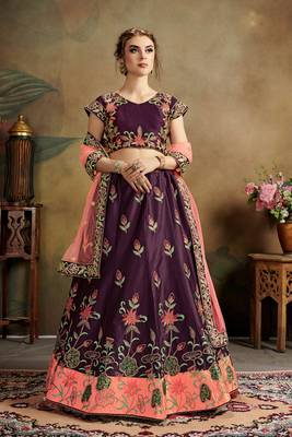 Purple Embroidered Satin Semi Stitched Lehenga Choli 1