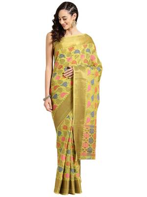 yellow Woven chanderi saree with blouse 1