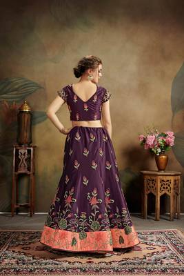 Purple Embroidered Satin Semi Stitched Lehenga Choli 2