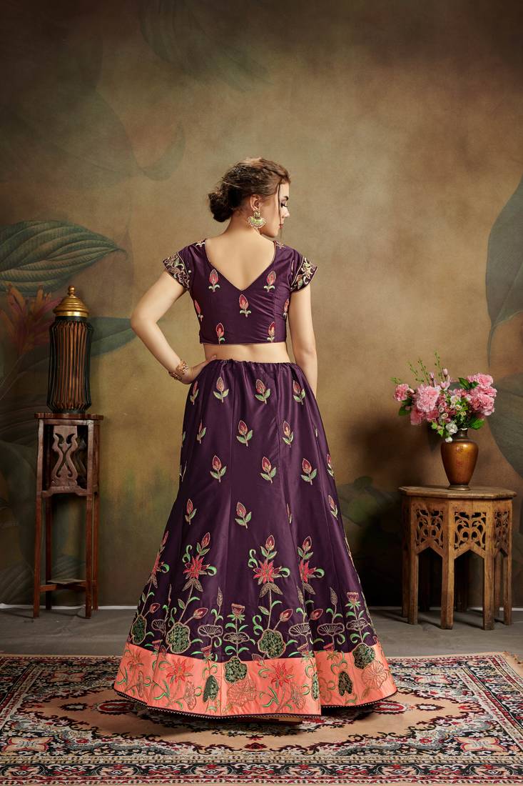 Purple Embroidered Satin Semi Stitched Lehenga Choli