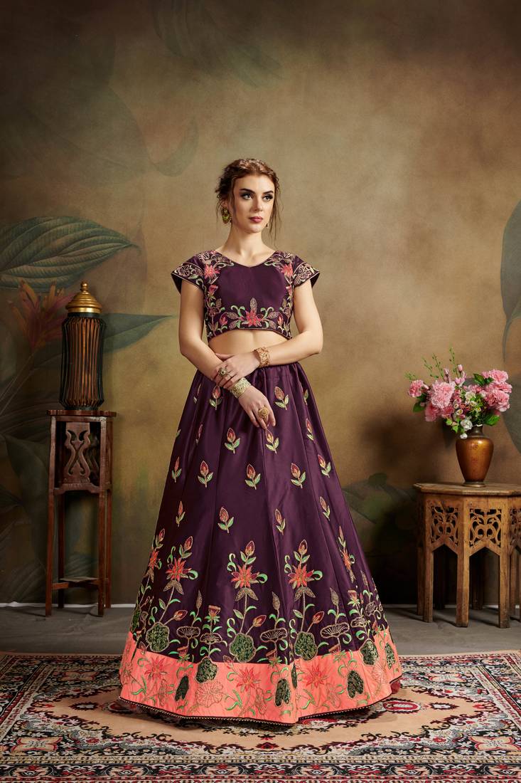 Purple Embroidered Satin Semi Stitched Lehenga Choli