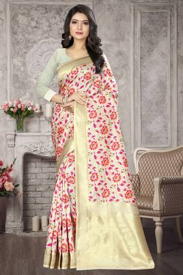 White Woven Kanchipuram Silk Saree With Blouse 1