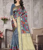 Grey Woven Kanchipuram Silk Saree With Blouse