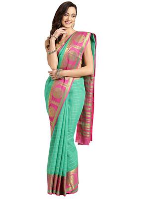 Green Woven chanderi saree with blouse 1
