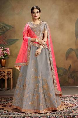 Grey Embroidered Silk Blend Semi Stitched Lehenga Choli 1