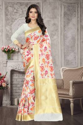 White Woven Kanchipuram Silk Saree With Blouse 1