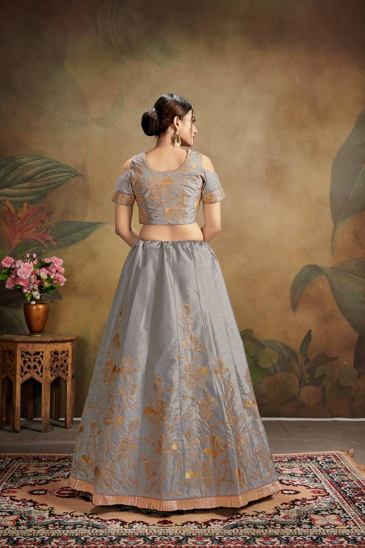 Grey Embroidered Silk Blend Semi Stitched Lehenga Choli