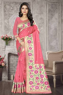 Pink Woven Kanchipuram Silk Saree With Blouse 1