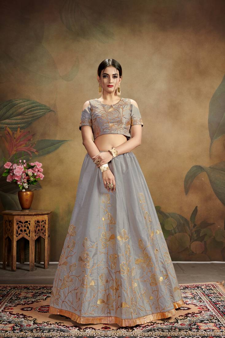 Grey Embroidered Silk Blend Semi Stitched Lehenga Choli