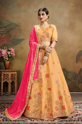Orange Embroidered Silk Blend Semi Stitched Lehenga Choli 1