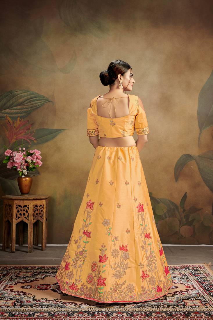 Orange Embroidered Silk Blend Semi Stitched Lehenga Choli