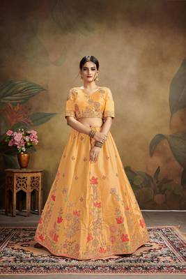 Orange Embroidered Silk Blend Semi Stitched Lehenga Choli 3