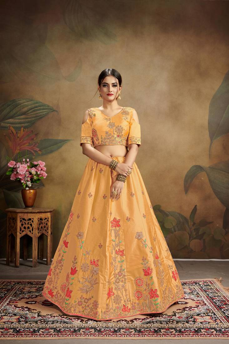 Orange Embroidered Silk Blend Semi Stitched Lehenga Choli