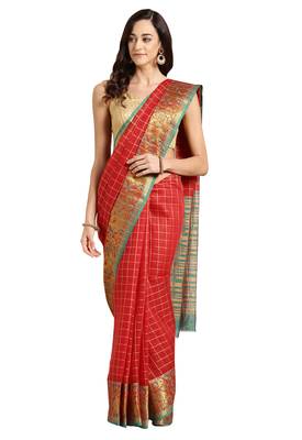 Red Woven chanderi saree with blouse 1