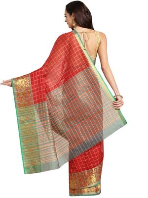 Red Woven chanderi saree with blouse 2