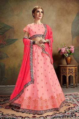 Pink Embroidered Silk Blend Semi Stitched Lehenga Choli 1