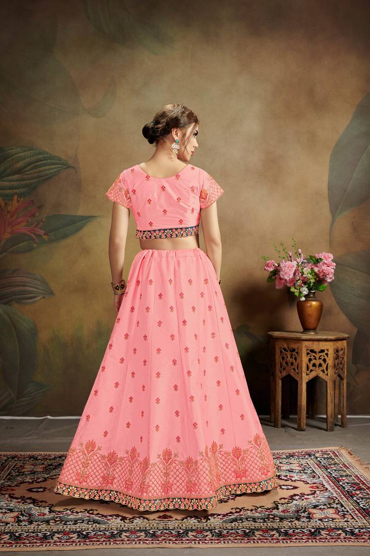 Pink Embroidered Silk Blend Semi Stitched Lehenga Choli