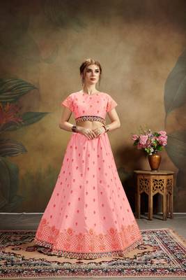 Pink Embroidered Silk Blend Semi Stitched Lehenga Choli 3