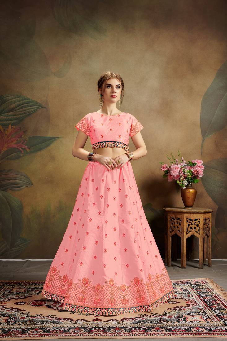 Pink Embroidered Silk Blend Semi Stitched Lehenga Choli