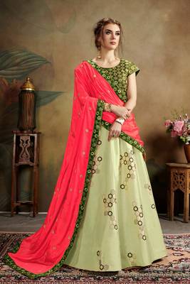 Green Embroidered Silk Blend Semi Stitched Lehenga Choli 1