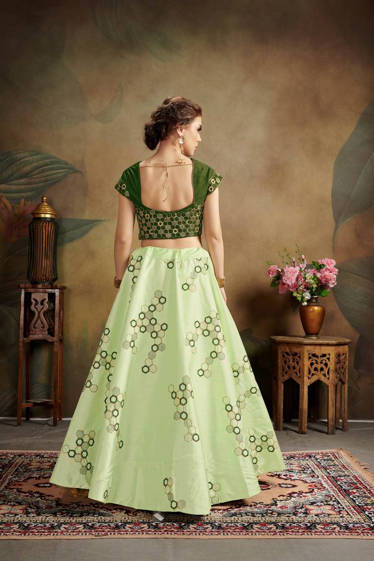 Green Embroidered Silk Blend Semi Stitched Lehenga Choli