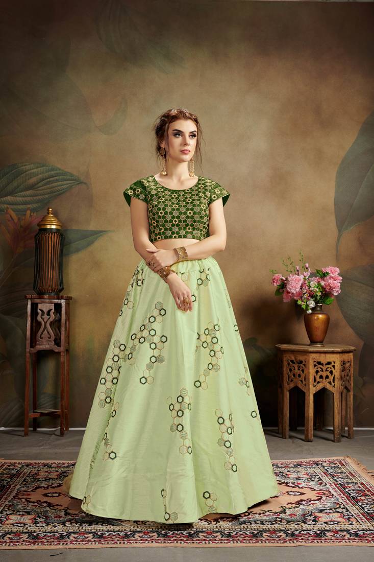 Green Embroidered Silk Blend Semi Stitched Lehenga Choli