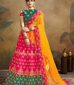 Pink Embroidered Silk Blend Semi Stitched Lehenga Choli