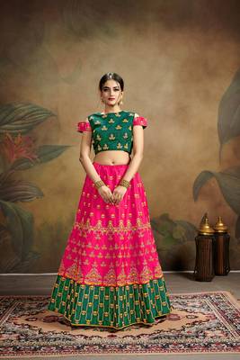 Pink Embroidered Silk Blend Semi Stitched Lehenga Choli 3